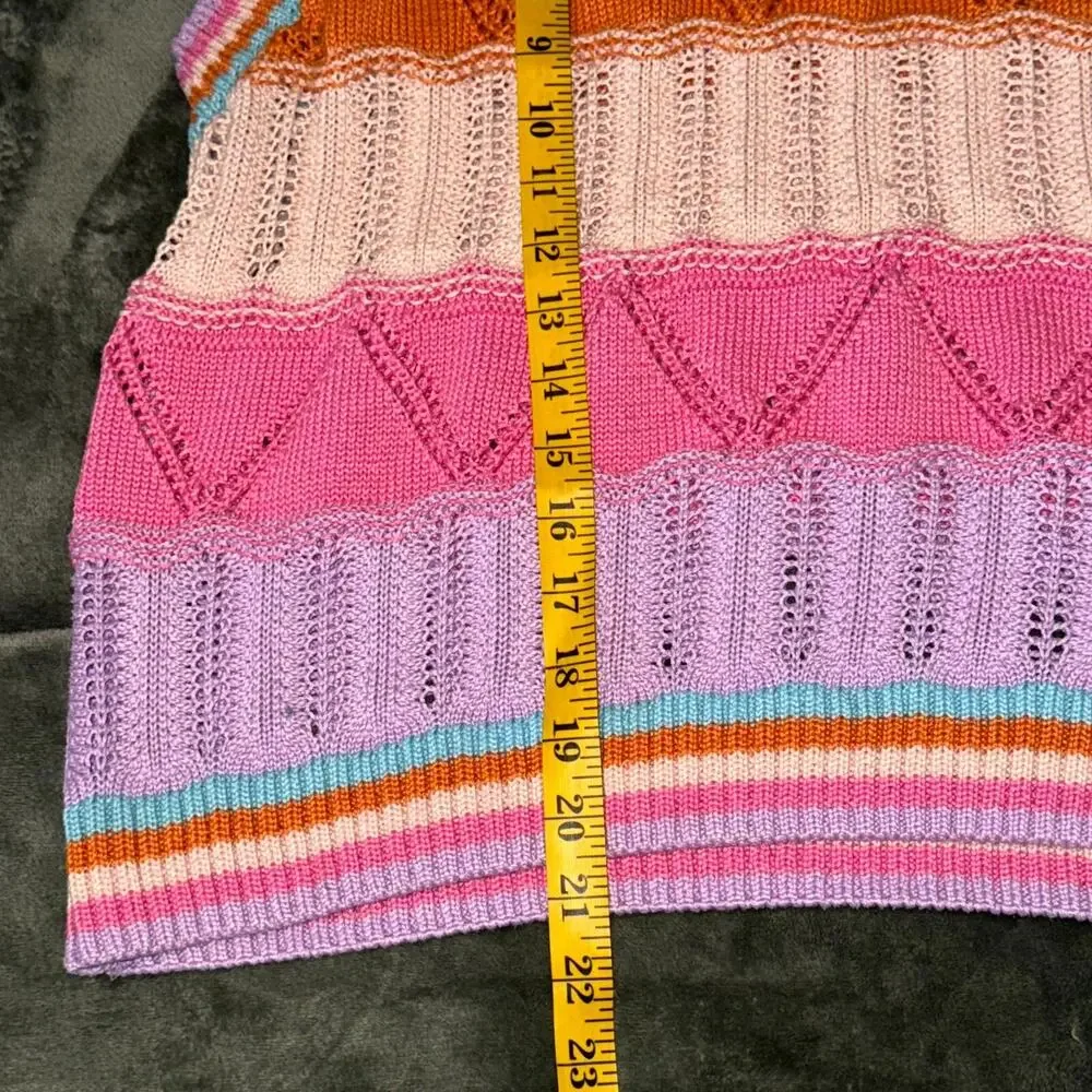 Grace & Karma Short Sleeve Sweater Women's XL Multicolor Striped Crochet Knitted